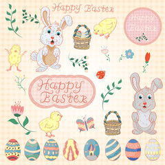 illustration in childrens style on the theme of Easter, a large set of vector drawings for design and decoration