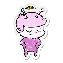 distressed sticker of a friendly cartoon spaceman