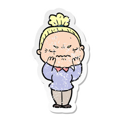distressed sticker of a cartoon annoyed old lady