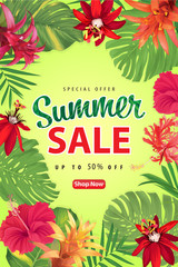 Fototapeta premium Summer sale with blooming Crimson passion flowers, Hibiscus and Bromeliads flower tropical background template. Vector set of exotic tropical garden for website, voucher, brochures and banners design.