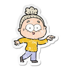 distressed sticker of a cartoon happy old woman