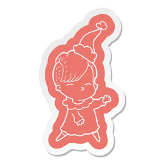 cartoon  sticker of a squinting girl wearing santa hat