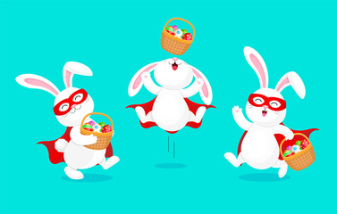 White rabbit in super hero costume holding Easter egg basket. Jumping and dancing.  Cartoon character design with mask and cape. Vector illustration isolated on blue background.