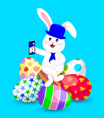 White rabbit sitting cross-legged on Easter eggs. Happy Easter day concept. Cute bunny, Cartoon character design. Vector illustration isolated on blue background.