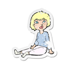 retro distressed sticker of a cartoon woman sitting on floor