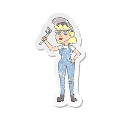 retro distressed sticker of a cartoon capable woman with wrench