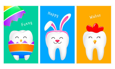 Cute cartoon tooth characters in Easter concept. Rabbit tooth, hen tooth and chick inside a cracked egg. Vector illustration.