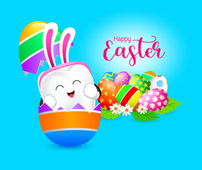 Funny rabbit tooth characters inside a cracked egg. Happy Easter concept. Vector illustration isolated on blue background.