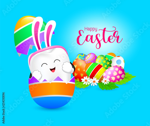 Funny rabbit tooth characters inside a cracked egg. Happy Easter concept. Vector illustration isolated on blue background.