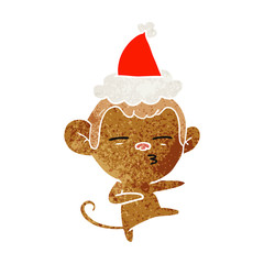 retro cartoon of a suspicious monkey wearing santa hat