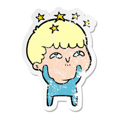distressed sticker of a cartoon amazed boy