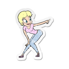 retro distressed sticker of a cartoon pretty woman pointing
