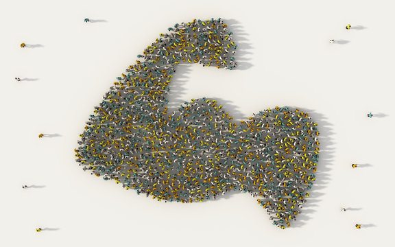 Large Group Of People Forming Muscle Or Biceps Flex Arm Icon In Social Media And Community Concept On White Background. 3d Sign Of Crowd Illustration From Above Gathered Together