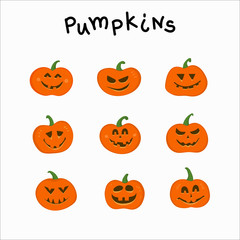 Collection of funny pumpkins with different emotions for Halloween. Suitable for invitations, postcards, textiles, stationery and other attributes of the holiday.
