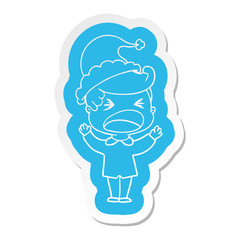 cartoon  sticker of a shouting man wearing santa hat