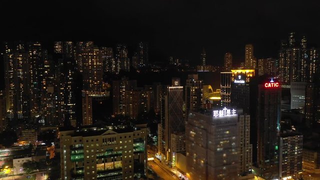 hong kong night illuminated cityscape aerial panorama 4k 
