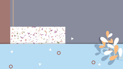 Minimalist abstract background, rectangle shapes with leaves, cool blue and brown