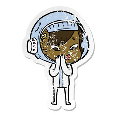 distressed sticker of a cartoon astronaut woman