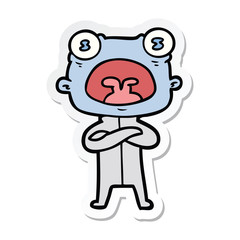 sticker of a cartoon weird alien communicating