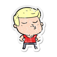 distressed sticker of a cartoon model guy pouting