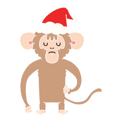 flat color illustration of a monkey scratching wearing santa hat