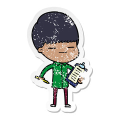 distressed sticker of a cartoon smug boy with clip board