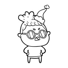 line drawing of a annoyed woman wearing santa hat