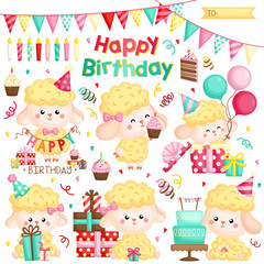 A Vector Set of Various Cute Sheep Celebrating Birthday with Cakes and Many Gifts