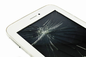 Smartphone or tablet with broken screen displays isolated on white background