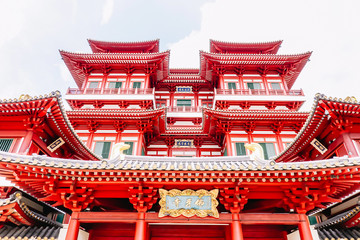 Outside Buddha Tooth Relic Temple and Museum,It is Chinese style architecture and flare on roof of temple that popular attraction and located in the Chinatown of Singapore.