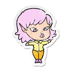 distressed sticker of a pretty cartoon elf girl