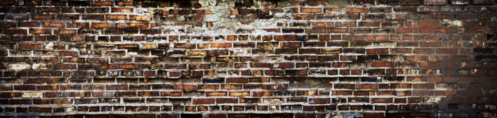 brick wall of old, red, grungy brick with shabby plaster