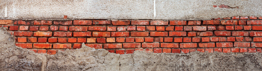 brickwork of old red brick with shabby plaster background