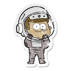 distressed sticker of a happy astronaut cartoon