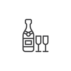 Wine bottle and wine glasses line icon. linear style sign for mobile concept and web design. Champagne with two glass outline vector icon. Symbol, logo illustration. Pixel perfect vector graphics