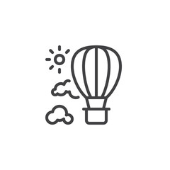 Hot air balloon with clouds and sun line icon. linear style sign for mobile concept and web design. Flying hot air balloon outline vector icon. Symbol, logo illustration. Pixel perfect vector graphics
