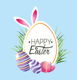 Happy Easter label with easter eggs decoration and rabbit