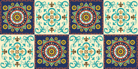 French seamless background, pattern with ornaments. Tiles in Mexican style.