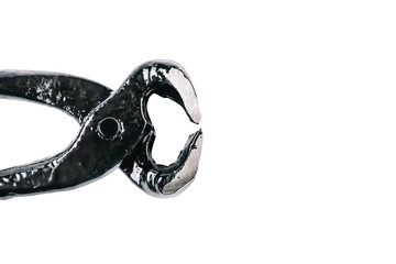 old grungy pincer pliers, isolated on white background