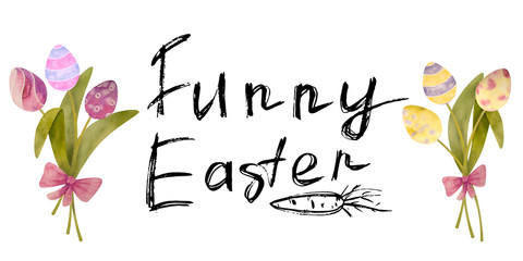Watercolor drawn set with elements of happy easter. Hand drawn lettering, rabbit, eggs. Ideal for greeting card or logo