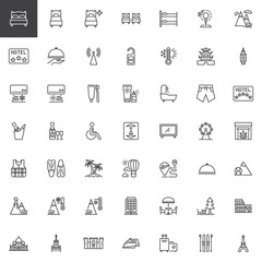 Travel and vacation line icons set. linear style symbols collection, outline signs pack. vector graphics. Set includes icons as Pisa tower, Colosseum building, Eiffel Tower, Travel handbags, Hotel