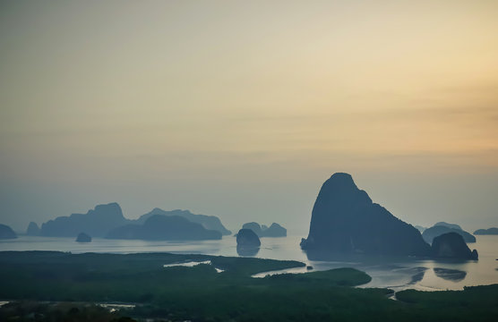 Beautiful seascape view of Phang-nga, unseen place called Samet Nangshe in Phang-nga province with sunrise for holiday vacation background concept, point unseen in Thailand travel location.