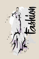 Hand drawn beautiful young woman. Stylish girl. Fashion woman sketch. Fashion model girl.