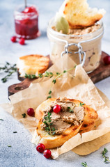 Delicious pate of chicken liver and meat on grilled toasts with cranberries and thyme, gray kitchen table background, space for text, selective focus