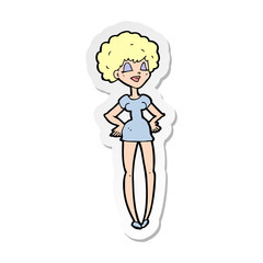 sticker of a cartoon happy woman with hands on hips