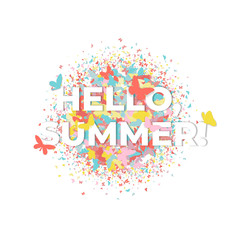 Colorful butterflies silhouettes confetti in round with text Hello Summer on white. Butterfly hover theme vector in living coral, yellow, turquoise, pink. Vector illustration.