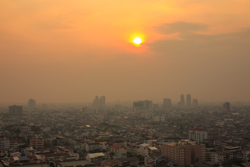 Bangkok city buildings cityscape on the sunset. Big city life