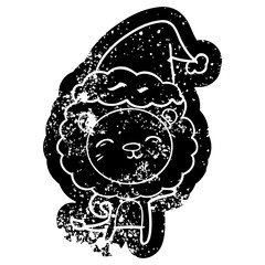 cartoon distressed icon of a lion wearing santa hat