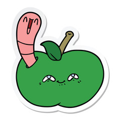 sticker of a cartoon worm in happy apple