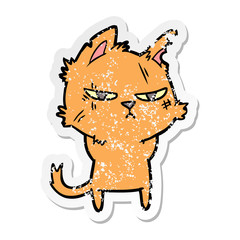 distressed sticker of a tough cartoon cat